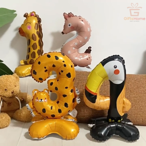 Balon Angka Karakter Hewan Lucu Standing 3D 23 inch Dekorasi Ultah Anak Motif Animal Base Berdiri