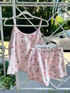 Sanrio Hello Kitty Pink Pajama Set Anime Cute Printing Summer Women Household Clothes Comfort Loose Wweet Student Nightwear
