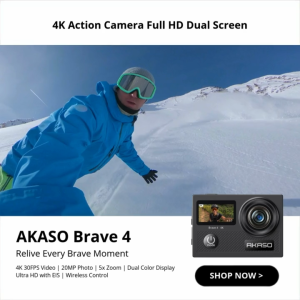 AKASO Brave 4 - Dual Color Screen Action Camera | 4K30fps Video | 20MP Image | 5x Zoom | Wireless Control