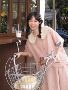 Sweet Japanese Style Plaid Shirt with Doll Collar Short Sleeve Womens Summer French Style Set with Skirt by XiaoYu LiangPin