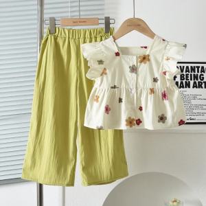 3-10 Year Old Girl and Teenager Suit with Flower Print Square Neck Fly Sleeve Top and Wide Leg Pants Two-piece Set for Summer
