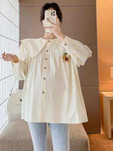 Fashionable Maternity Shirt Long Sleeve Casual Baby Doll Collar plus Size Autumn Pregnancy Top Trendy Mommy Spring Autumn Wear