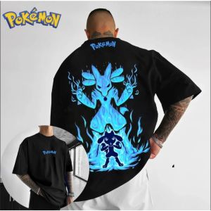 Pokémon Anime Lucario Double-sided Printed T-shirt Short Sleeved Mens and Womens Summer New Harajuku Loose Casual Top