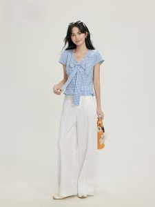 Sweet French Style Plaid Shirt Womens Summer Design V-neck Butterfly Knot Flying Sleeve Doll Top Casual Slim Fit Short Sleeve