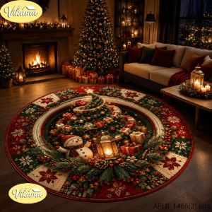 VIKAMA Christmas Round Rug 3D Tree Snowman Lantern Berry Area Rug Living Room Holiday Home Decor Aesthetic Art Large Premium