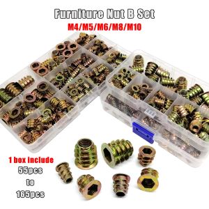 165/75/55pcs Threaded Insert Nut E-nut M4 M5 M6 M8 Set Kit For Wood Furniture Bed Cabinet Table Embedded Hex Hexagon Socket Head