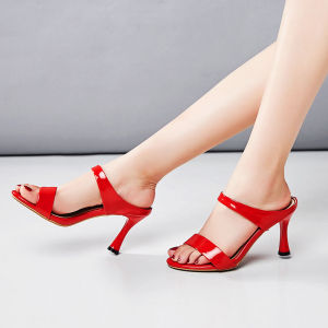 2025 Summer New Design Genuine Leather Thin Heel Womens Sandals Open Toe High Heel Slip-On Black And White Fashionable Roman Style