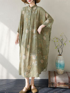 Summer New Vintage Cotton Lin Loose Long Dress Collar Stand up Super Long Size Holiday Dress Artistic Woven Print Maxi Dress