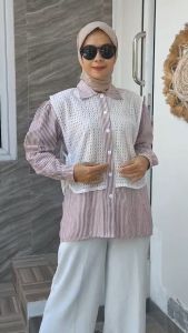 Kemeja Strip Salur Wanita | Sonya Blouse Salur Kombinasi Brukat Premium