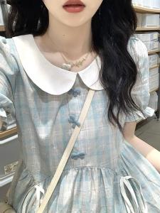 Váy Midi Kẻ Caro Cổ Búp Bê Màu Tương Phản Cho Học Sinh Trung Học Mùa Hè 2024 Váy Cotton Ngọt Ngào Thời Trang Cho Bé Gái