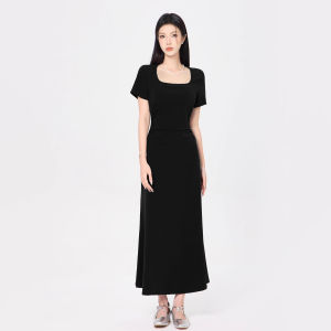 French Elegant Square Collar Short Sleeve Dress Womens Summer New Gauze Black High-End Feeling Small Size Skirt A-Line Dress