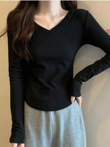 French Style V-Neck Long Sleeve Slim Fit Base Shirt Womens Inner Wear T-Shirt Casual Breathable Cotton Polyester Blend