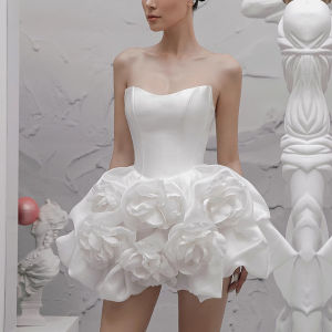 Niche Design Sensual Bandeau Three-Dimensional Flower Elegant White Dinner Dress