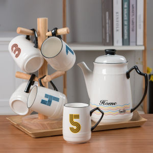 Nordic Style Ceramic Stainless Steel Water Cup Set for Office Home Use Hot Water Coffee Cup with Wood Rack 7 Pieces Set