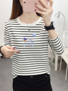 Loose Long Sleeve Pure Cotton Striped T-Shirt Womens plus Size Cover Belly Base Shirt Spring Autumn New Style Commute Simple