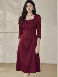 Roey s house | Elegant Puff Sleeve Satin Dress Red