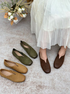 Handmade Vintage Leather Flat Bottom Womens Shoes Soft Bottom Cowhide Artistic Grandma Casual Slip-On Bean Bean Shoes