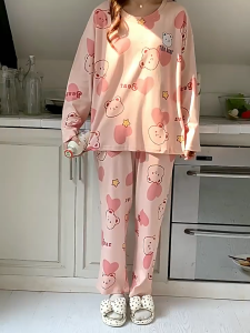 Autumn two-piece pajamas for women with chest pads long sleeves and trousers sweet cartoon student spring suits