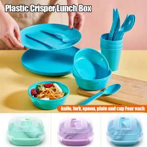 Ngăn nhựa Hộp Ăn Trưa tay cầm xách tay lưu trữ ngoài trời kín hộp Dã Ngoại cắt nĩa muỗng đĩa cốc Hộp Ăn Trưa cho bốn người