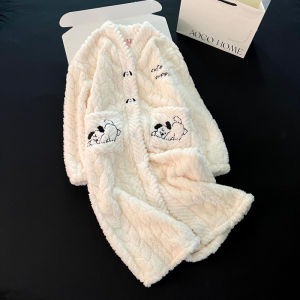 Thickened Coral Fleece Sleep Dress Womens Autumn Winter Home Clothes External Wear New Style Robe Light Brown Dog Home Suit