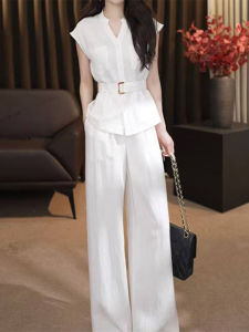 Shalldoer | Bộ đồ hai mảnh sang trọng nhẹ nhàng mùa hè cho nữ Áo sơ mi cổ đứng màu trơn Quần dài thường ngày Bộ đồ hai mảnh