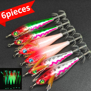 6pieces/set Luminous Egi Horizontal Egi Laser Tinsel Glow Horizontal Jig for Squid Octopus Cuttlefish Fishing Horizontal Shrimp