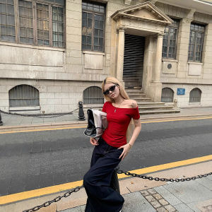 Shoulder Bared Short Sleeve T Shirt Women Summer New Style Slimming Solid Color All Matchable Overhead Hot Girl Design Sense