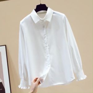 Áo Sơ Mi Nữ Dài Tay Cổ Tròn Phong Cách Ulzzang Màu Trắng Nhún Dễ Phối Đồ