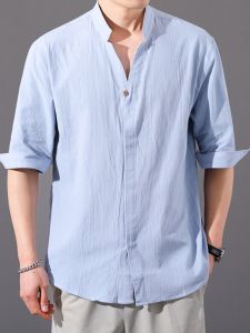 Linen Short Sleeve Shirt Men Summer Thin Loose Chinese Style Tang Suit Seven Sleeve Breathable Comfortable Youth Fashion Daily Wear