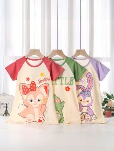 Girls Cotton Sleep Dress Short Sleeve Thin Home Clothes Air Conditioner Suit Children Sleepwear Nightgown Summer New Style