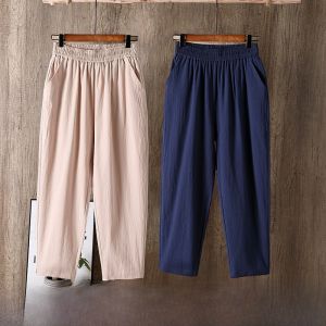 Quần Harem Vải Lanh Cotton Cạp Cao Mùa Hè Mỏng Rộng Rãi Cỡ Lớn Quần Dài Thẳng Màu Trắng Quần Mẹ Thường Ngày