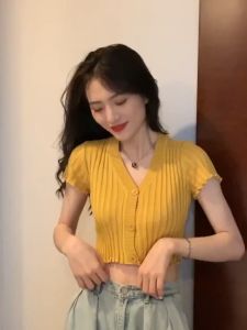 V-neck Knitted Blouse Plus Size Womens Summer Korean Style Vintage Short-sleeved T-shirt