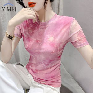 Yimei Áo Thun Nữ xinh đẹp 2023 cổ tròn Quảng Châu lưới ngắn tay áo in hình ôm vừa và ngọt ngào