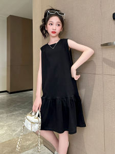 Girl Dress Summer Kids Black Vest Skirt Casual Korean Knitted Skirt Womens Youth Western Style Sleeveless Skirt