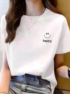 Womens Loose Fit Cotton T-Shirt Short Sleeve White Summer New Style Slimming Base Layer Top Printed Creative Design round Neck
