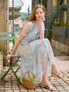 XIANGYING | Blue Embroidered Lace-up Dress Summer Style Tassel Waist-Cinching Cake Skirt
