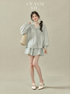 OYANXI | Set Đồ Mùa Thu Cho Nữ - Áo Kiểu Pháp Phối Viền Bèo & Rút Dây Cực Xinh