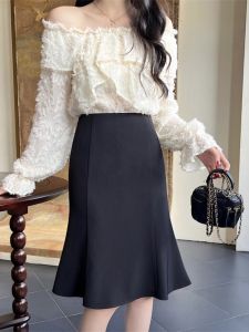 New Mid-Length Mermaid Skirt High Waist Bodycon Black Professional One-Step Splicing Half Skirt Summer 2024 Womens Fashion