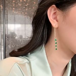 Bông Tai Nữ Kiểu Thả Dài Đính Đá Xanh Sang Trọng Cao Cấp Khuyên Tai Nữ Đẹp Dự Tiệc Thời Trang Hàn Quốc Màu Vàng KT-187