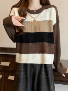 Caramel Striped Knitted Base Shirt Women Winter New Loose Short Sleeve Long Sleeve round Neck Pullover Top Matching Outfits