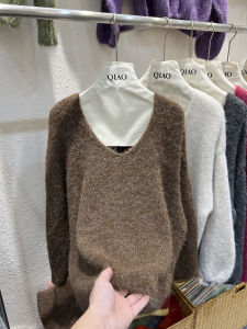 Korean Style V-Neck Loose Sweater Womens Soft Plump Pure Color Knitted Top Comfortable Warm Autumn Winter Fashion Casual