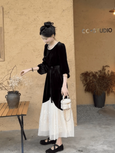 French Autumn Pleuche Dress Womens 2024 New Arrival Fancy Cinched Patchwork Mesh Sequins Black Dress