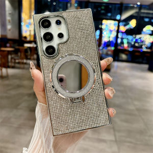 Plating Glitter Solid Color Rhinestone Mirror Bracket Phone Case For Samsung Galaxy S25 S24 S23 S22 Ultra Plus Shockproof Cover