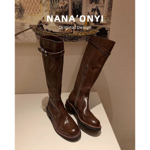 Genuine Leather Long Boots Womens Autumn Winter High Tube Thick Bottom Slimming Knight Boots Foldable Brown Long Boots
