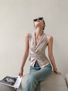 เสื้อกั๊กแขนกุดสีแชมเปญสำหรับผู้หญิง เสื้อผ้าทำงานสไตล์เกาหลีฤดูร้อน 2025 ทรงเข้ารูป เสื้อตัวบนอเนกประสงค์