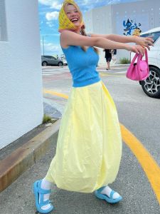 Elegant Vintage Bouffant Skirt Luxury Knitted Ice Silk Womens Vest Mid-Length A-Line Midi Skirt for Business Commute