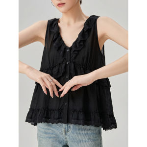 GULILI | Korean Style Black Lace and Ruffle Sleeveless Top for Women