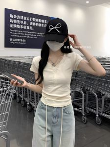 Chuqing Short Sleeve Pure Cotton Button up T-Shirt Slim Fit Korean Style Summer Top Womens Commute Style V-Neck Short Length