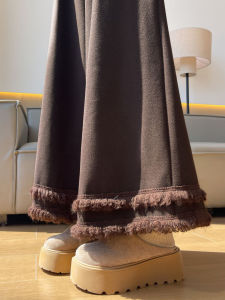High Waist Wide Leg Pants Woolen Fleece Lined Thickened Warm Loose Drapey Nine Points Korean Style Commute Simple Polyester Cotton Blend