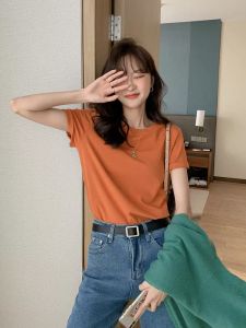 Short Sleeve round Neck T-Shirt Womens Loose Fit Solid Color Cotton Summer Top Casual Straight Cut Printed Fashion